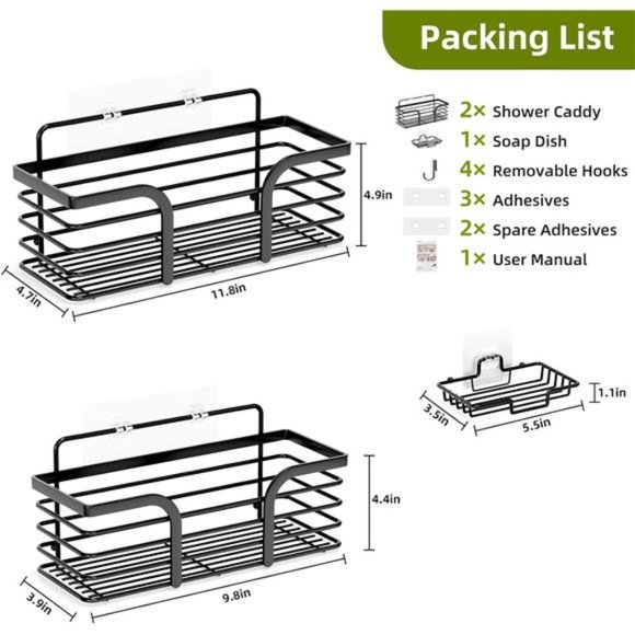 Shower Caddy, Adhesive Shower Organizer with Soap Dish and 4 Hooks, Rustproof - Picture 6 of 7